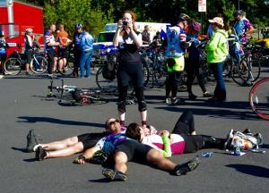 Cyclists take a break after a long day of riding the length of the state of Delaware on day five of the seven-day bike tour. BY RON MACARTHUR
