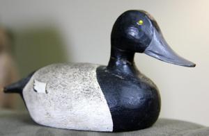This bluebill, otherwise known as a blackhead or scaup, is the first decorative decoy ever carved by Richard Belote.  He carved it decades ago when he served as captain of the pilot vessel Philadelphia. BY DENNIS FORNEY