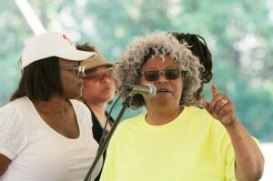 Jane Hovington welcomes the crowd and offers historical information about Juneteenth.