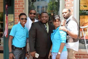 Cast and crew members gather for a group photo in front of the film’s poster on display at the Schwartz Center. Shown are (l-r) Mahala Duffy, Rodney Davis, Therron Dumas, Rosalind Russell and Will Wilmore III. MADISON LONG PHOTO