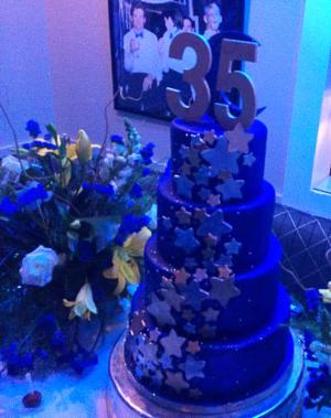 An all-blue birthday cake topped with 35 successful years.