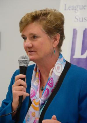 Democrat Leslie Ledogar talks about her economic development plan for Sussex County. RON MACARTHUR PHOTO