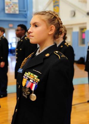 Cape JROTC cadet Abigail Farlow stands at attention during the opening ceremony. DAN COOK PHOTO
