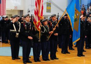 The Cape JROTC color guard presents the colors during the opening of the Veterans Day ceremony. DAN COOK PHOTO