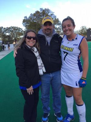 Cathy Ripper Price, Jeff Price and Maggie Delp after Delaware’s win over Duke. SUBMITTED PHOTO