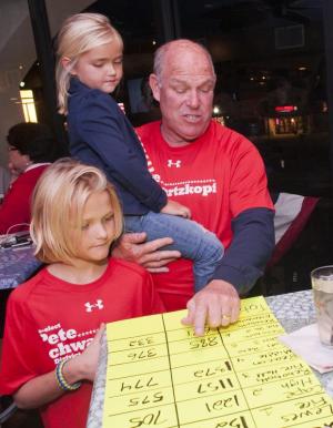 Rep. Pete Schwartzkopf looks over the poll numbers with his grandchildren, Minnie and Oliver Pettengall.