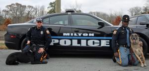Milton’s two K-9 handlers Patrolman Christopher Whitehouse, left, and Lt. Derrick Harvey pose with Xena, left, and Finn in front of one of the department’s new vehicles.
