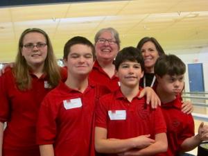Representing Riptide’s Tuesday group are (l-r) Amber Birney, Davey Frederick, Laura Passwaters, Jayson Kirschner, coach Ginny Ferrara-Dellose, and Douglas Mast. The 2017 SODE State Bowling Tournament will take place Saturday, Feb. 18, at Brunswick Doverama.   SUSAN FREDERICK PHOTO