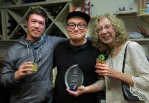 Hari Cameron, a(MUSE.) and Grandpa (MAC) chef/owner (center), celebrates the event with a(MUSE.) sous chef Andrew Guffey and contest judge/writer Pam Carlson George. BOB YESBEK PHOTO