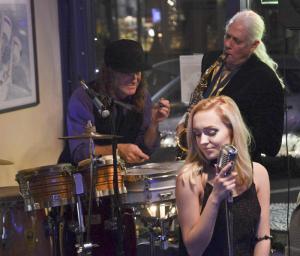 Savannah Shockley is backed by her father Michael on drums and Ken Thompson on sax at their New Year’s Eve performance at Jerry’s Seafood in downtown Lewes. DENY HOWETH PHOTO