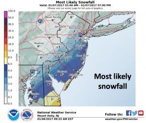 This map from the National Weather Service in Mount Holly shows likely snowfall predicted for the area Saturday, Jan. 7. NATIONAL WEATHER SERVICE IMAGE