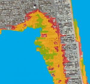 This map shows potential inundation from 0.5 meters, 1 meter or 1.5 meters of sea level rise in Dewey Beach. An increase of 0.5 meters of sea level rise is denoted in green, 1 meter in orange and 1.5 meters in red. To look up sea level rise scenarios for other places in Delaware, go to http://firstmap.gis.delaware.gov/inundation. DNREC IMAGE