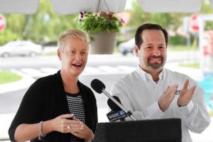 DelDOT Secretary Jennifer Cohan and Delaware Transit Corporation CEO John Sisson share a laugh at the podium. NICK ROTH PHOTO
