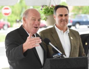 Rep. Pete Schwartzkopf, D-Rehoboth Beach, left, and Sen. Ernie Lopez, R-Lewes, talk about the importance of getting cars off of Route 1. NICK ROTH PHOTO
