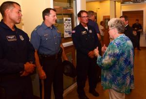 Tim McClanahan’s mother Rita, right, thanks Delaware State Police first responders (l-r) Cpl. Shawn Wright, Capt. Charles Condon and Mr. Robert McMahon.
