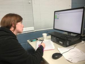 Samantha Boulden of Seaford is also taking advantage of the training center and the America’s Promise grant. Here, she studies pneumatic system troubleshooting.