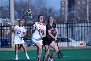 Bridget Cerciello of Saint Joe’s shadows Nicole Barretta of Temple