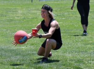 Laurel Harrington makes a play despite her Red Solo Cup filled with water.