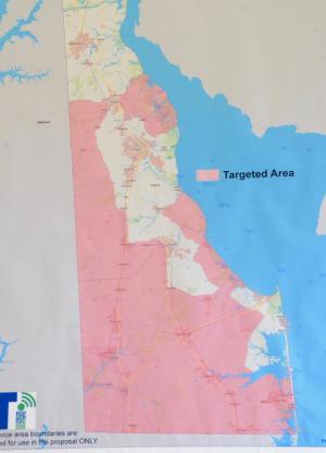 The state has targeted the areas in pink to provide improved broadband access, which includes most of Sussex County, especially along the Route 13 and Route 113 corridors.