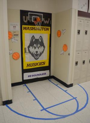 To showcase the University of Washington, Kathryn Shockro’s eighth-grade class created an interactive door with a basketball net and court lines. SUBMITTED PHOTOS
