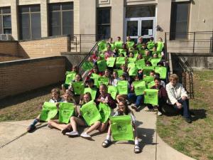 Jacqueline Kisiel and Dr. Denise Subrick’s fifth-grade classes at Rehoboth Elementary School pose for a photo after their workshop on biodiversity with SOLA3 member Diane Hanson.