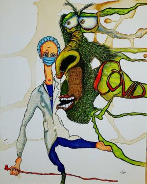 “Covid and Caduceus”. 15 x 22 Guinness pour. This is available on her website.