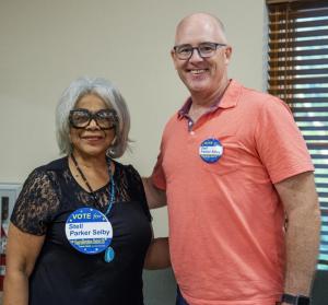 Stell Parker Selby shares a moment with fellow Democrat Russ Huxtable, candidate for the 6th Senatorial District seat.