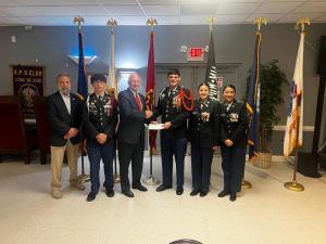 The Elks Veterans Committee presented a $500 donation to support the fall program of Cape Henlopen High School JROTC. Shown are (l-r) Elk Dan Celia, Cadet Bryan Ramirez-Montana,  Veterans Committee Chair Bob Trafton, Cadet Isaac League, Cadet Ninfa Cantu and Cadet Linda Gutierrez-Santizo.