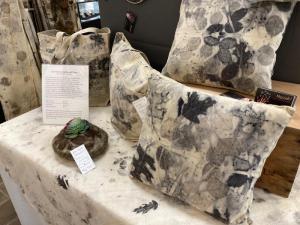 Eco-dyed pillows and bags for sale, created by artist Kathryn Luciana.