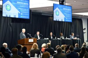 One of the event’s two panel discussions focused on practices and solutions for the housing crisis and was moderated by Kevin Gilmore, left, Sussex County Habitat for Humanity CEO. Panelists were (l-r) Sean O’Neill, Brandy Nauman, Lillian Harrison and Matthew Kraeuter.