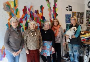 The team of volunteers who gathered for the sewing session Feb. 27 includes (l-r) JoEllen Jordan, LPC Environmental Subcommittee member;  Diana Beebe; Linda Dylla; Amy Marasco, planning commissioner and LPC Environmental Subcommittee chair; and Sarah Pavlik, holding her dog Maizy Mae.
