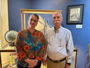 Milton Historical Society Executive Director DeeDee Wood and President Jack Hudson are shown at the society’s new shipbuilding exhibit.