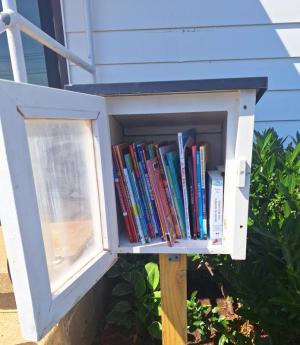 Books in a variety of reading levels fill the little library at Friendship Baptist Church.