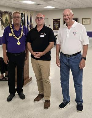 Gathered for the Race4Warriors donation are (l-r) Elks Exalted Ruler Buddy Hall-McBride, Race4Warriors founder Michael Bellerose, and Elks Veterans Committee Chair Robert Trafton.