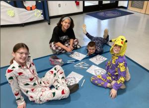 Enjoying pajama day are Grade Buddies (l-r) Mary Bowe, Aaliyah Brunskill, Lucas Stevens and Nora Deitch.