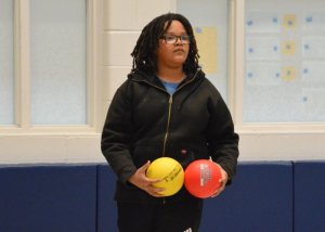 Fifth-grader Kevryn Tingle patiently ponders his next dodgeball move.