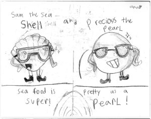 Versions of “Sammy the Sea Shell and Precious the Pearl,” characters created and designed by student Ana Morales-Henriquez, will now be featured on the Lewes Oyster House children’s menu and incorporated into the restaurant’s branding.