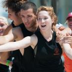 Cultured pearl's team holds open arms for dizzy team member. In front, (r-l) are Gailyn Neutzling, Simi Bogdan, Neda Atansova and Tiffany Evans. BY DENY HOWETH