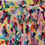 The wall of felt footprints hanging in Sarah Pavlik’s studio before the sewing began. AMY MARASCO PHOTO