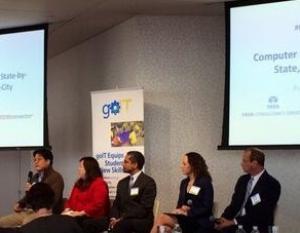 Computer Science Roundtable attendees included (l-r) Caitlin Olson, Tata Consultancy; Phil Puthumana, Verizon Foundation; Tara McCann, Cisco Systems; Reza Jalili, Adobe and Pixstar Inc. CEO George Reissig, far right;