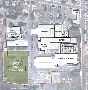 This illustration shows Beebe Healthcare's Lewes complex, property line denoted in red dashes. Savannah Road is on the right and Fourth Street at the top. BOB site in the lower left corner stands for Beebe Office Building and is the former home of Lewes Convalescent Center. Information included by Beebe with this illustration indicates that the BOB site is most likely for a five-story building and would be the location preferred by the town for such a building. SOURCE BEEBE HEALTHCARE