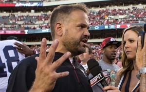 Temple coach Matt Rhule talks to ESPN after game. Rhule grew up in State College, but is now a Philly guy. BY TEMPLE SPORTS