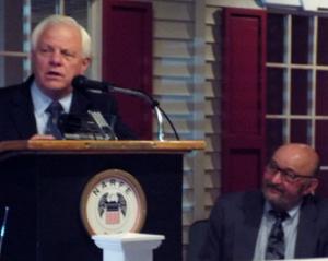 Republican Sen. Gerald Hocker, R-Ocean View, speaks at the September monthly luncheon of Coastal Sussex Chapter 1690 of NARFE as chapter Second Vice President Eric West, right, looks on. SUBMITTED PHOTO