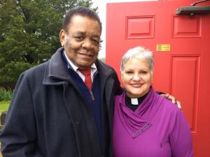 The Rev. Shelley McDade greets parishioner Stuart Burgh. She is the new rector for All Saints’ Church in Rehoboth Beach and St. George’s Chapel near Harbeson. SUBMITTED PHOTO