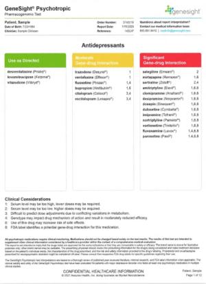 A sample patient report following GeneSight DNA Testing shows which medications may be most effective for treating a particular individual’s mental health conditions. SUBMITTED PHOTO