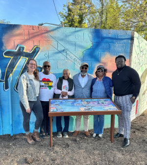 West Rehoboth Legacy Committee members gathered around the new West Rehoboth Legacy Mural infographic are (l-r) Leah Beach, Diaz Bonville, Lucile Hood, Antoine Vann, Brenda Milborne and Aarin Burton. SUBMITTED PHOTO
