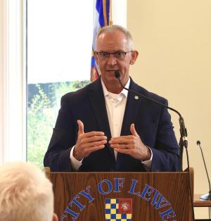 Delaware Marijuana Commissioner Rob Coupe answers questions during his July 18 presentation at the Rollins Center in Lewes. Coupe will start taking applications to grow, manufacture, sell and test legal adult-use marijuana starting Sept. 1. BILL SHULL PHOTOS