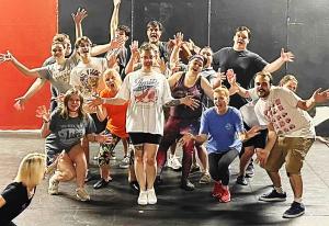 Possum Point Players choreographer Bliss Soucek, leaning in at left, oversees cast members rehearsing a scene from “Something Rotten!” SUBMITTED PHOTO