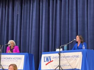 Candidates for the House of Representatives District 20 seat speak during the Oct. 15 League of Women Voters debate at Milton Elementary. Shown are (l-r) Rep. Esthelda Parker Selby, D-Milton, and newcomer Nikki Miller. MELISSA STEELE PHOTO
