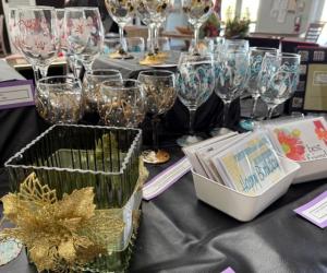 Hand-painted wine glasses, greeting cards and a holiday vase created by Diva Clendenin of Liquid Abstracts. SUBMITTED PHOTOS